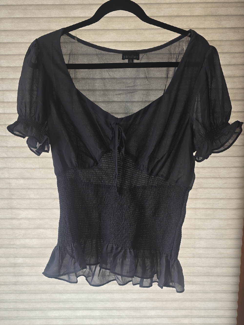 Grey Sheer Smocked Waist Puff Sleeve Top
